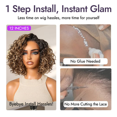 Tiktok Exclusive Deal | Ready to Go Blonde Highlight / Natural Black / Ombre Brown Water Wave Short Curly Bob Wig Glueless Minimalist HD Lace Wig Pre-Cut Lace