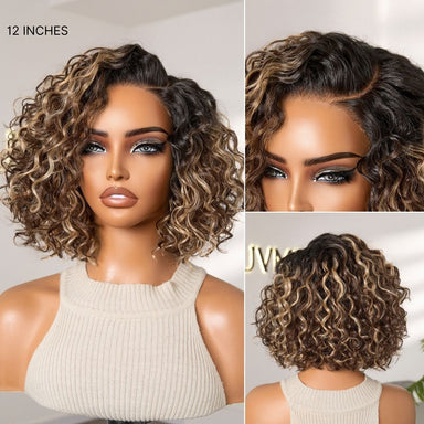 New Customers Only | Ready to Go Blonde Highlight / Natural Black  / Ombre Brown Water Wave Short Curly Bob Wig Glueless Minimalist HD Lace Wig Pre-Cut Lace