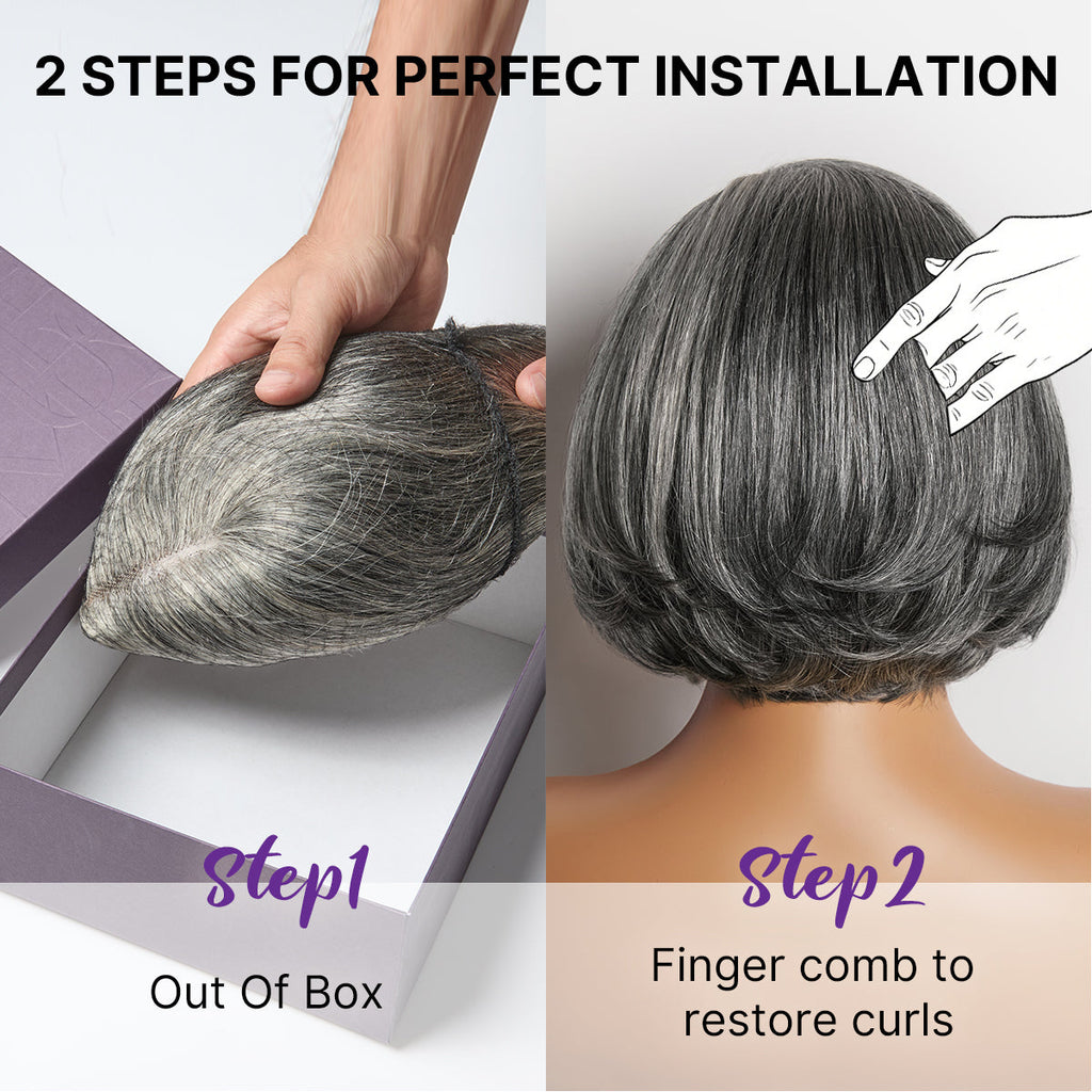Salt & Pepper 100% Human Hair Layered Bob Wig Glueless Minimalist Lace Grey Wig Pre-Cut Lace