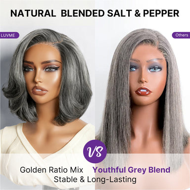 New Customers Only | Salt & Pepper 100% Human Hair Layered Bob Wig Glueless Minimalist Lace Grey Wig Pre-Cut Lace