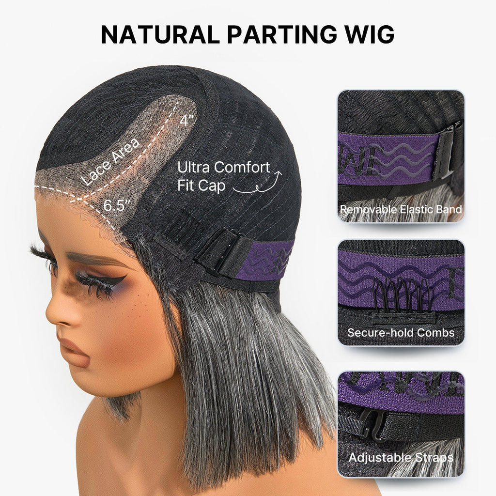 Salt & Pepper 100% Human Hair Layered Bob Wig Glueless Minimalist Lace Grey Wig Pre-Cut Lace
