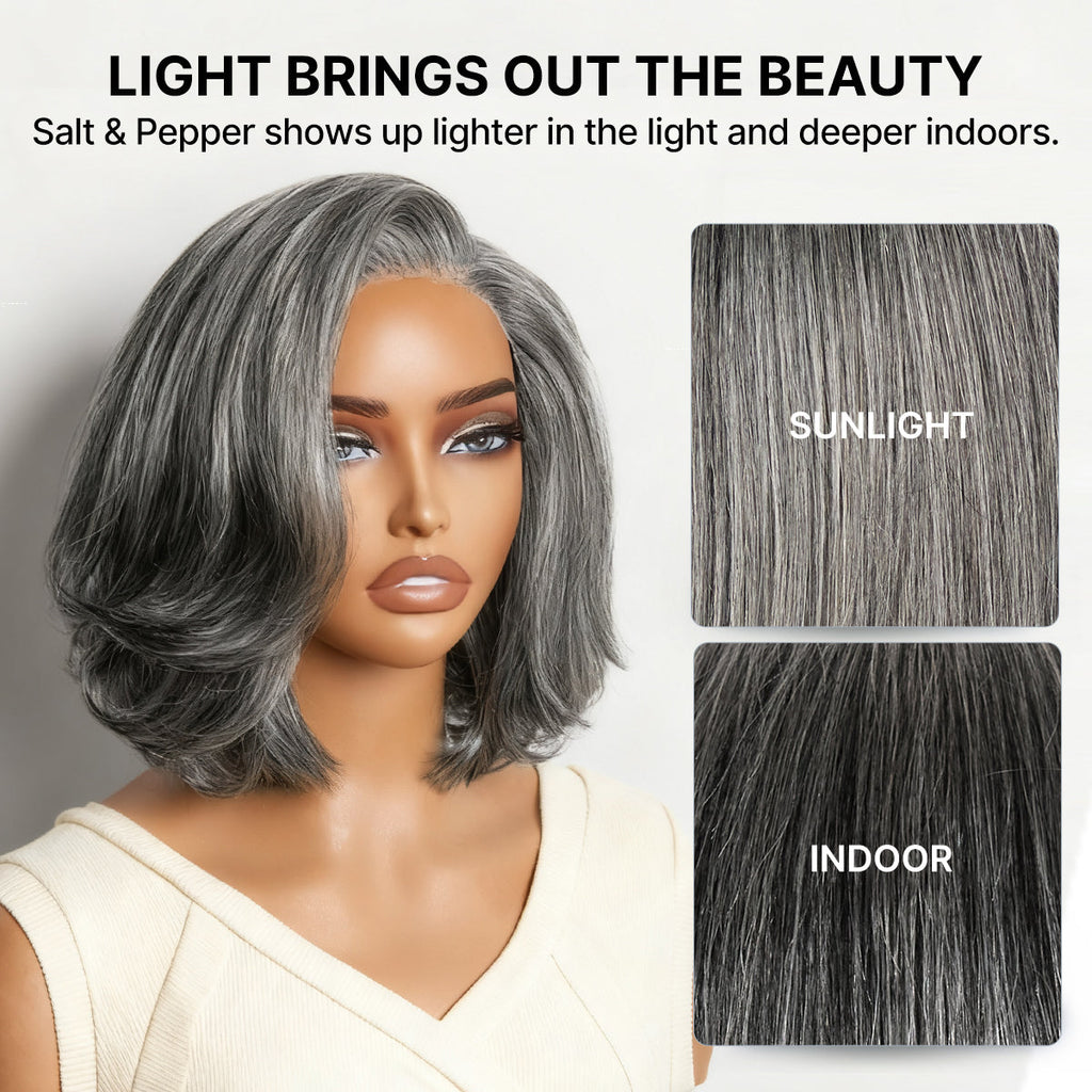 New Customers Only | Salt & Pepper 100% Human Hair Layered Bob Wig Glueless Minimalist Lace Grey Wig Pre-Cut Lace
