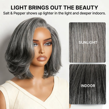 New Customers Only | Salt & Pepper 100% Human Hair Layered Bob Wig Glueless Minimalist Lace Grey Wig Pre-Cut Lace