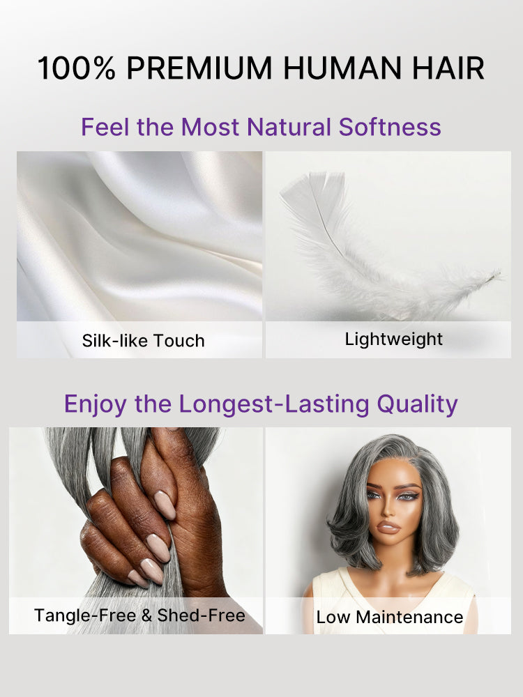 Salt & Pepper 100% Human Hair Layered Bob Wig Glueless Minimalist Lace Grey Wig Pre-Cut Lace-25