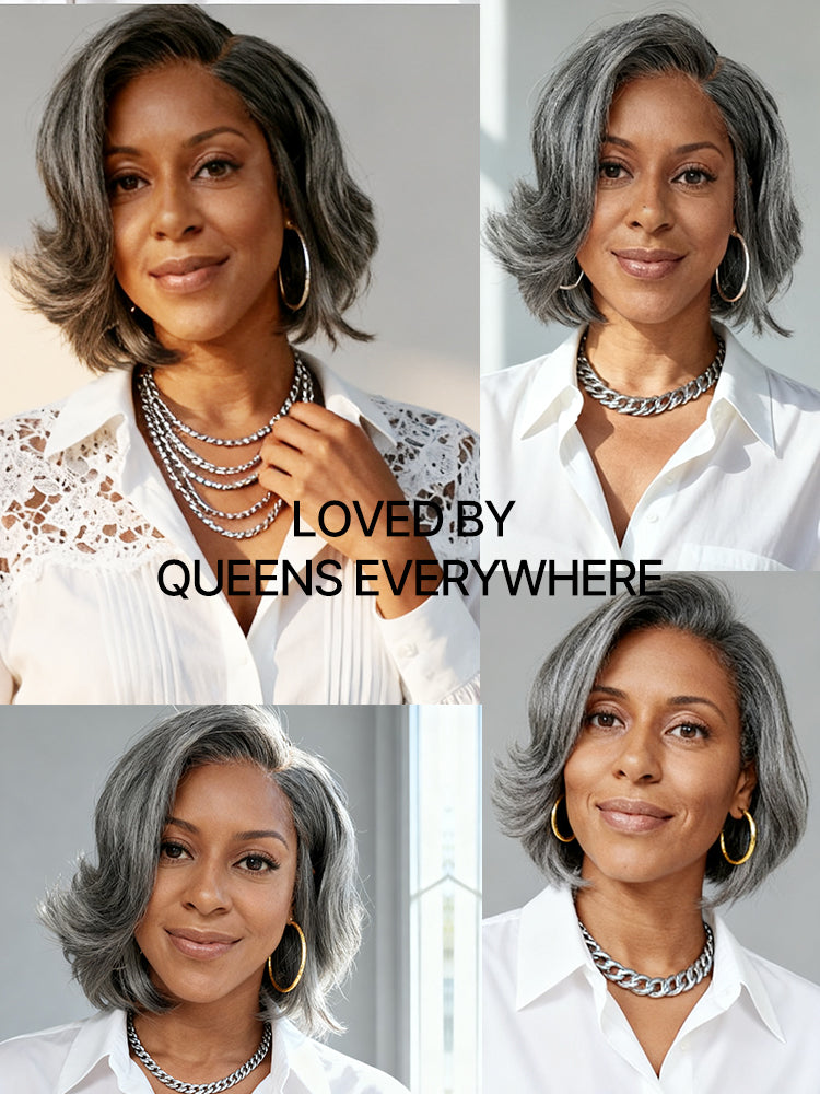 Salt & Pepper 100% Human Hair Layered Bob Wig Glueless Minimalist Lace Grey Wig Pre-Cut Lace-27