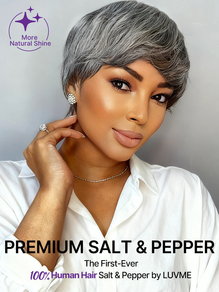 New Customers Only | Throw On & Go Salt & Pepper Short Pixie Cut Glueless Wig with Bangs 100% Human Hair Ultra Comfort Cotton Cap Hair Loss Friendly-09