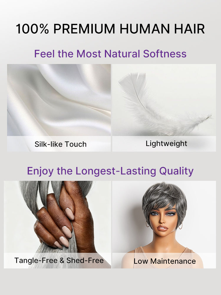 New Customers Only | Throw On & Go Salt & Pepper Short Pixie Cut Glueless Wig with Bangs 100% Human Hair Ultra Comfort Cotton Cap Hair Loss Friendly-10