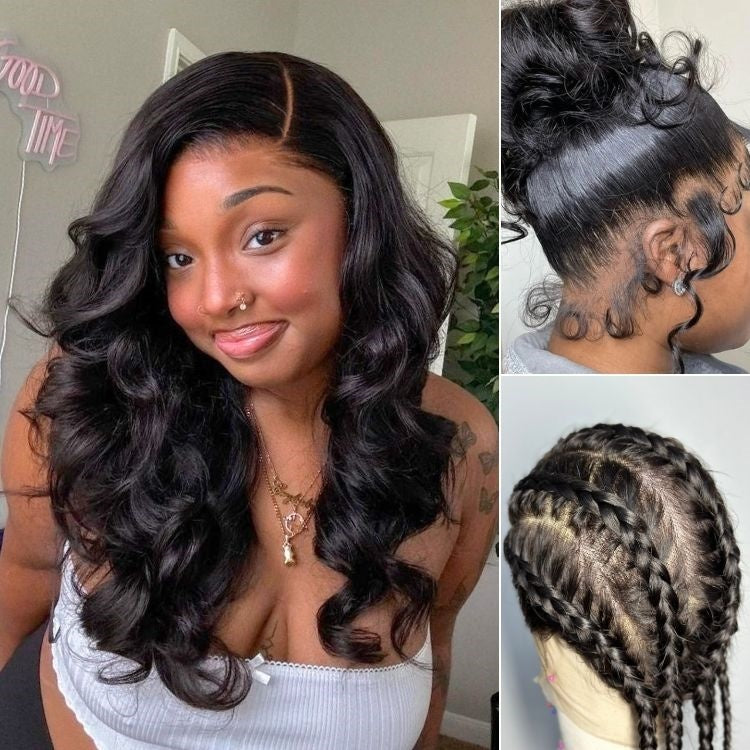 Halo Hair Style Hair Full Lace Classy Natural Black Body Wave Free Parting Half Up Half Down Wig Invisi Drawstring Cap Pre-cut Lace