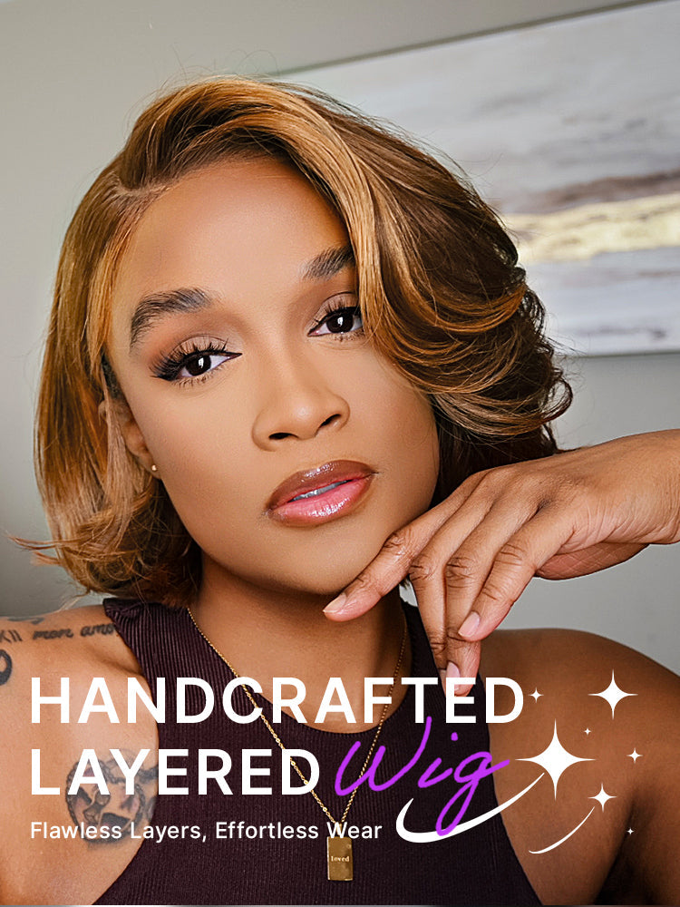 Melted Hair-Limited Design | Toffee Brown Mix Blonde / Natural Black Layered Cut Glueless 5x5 Closure Lace Bob Wig-16