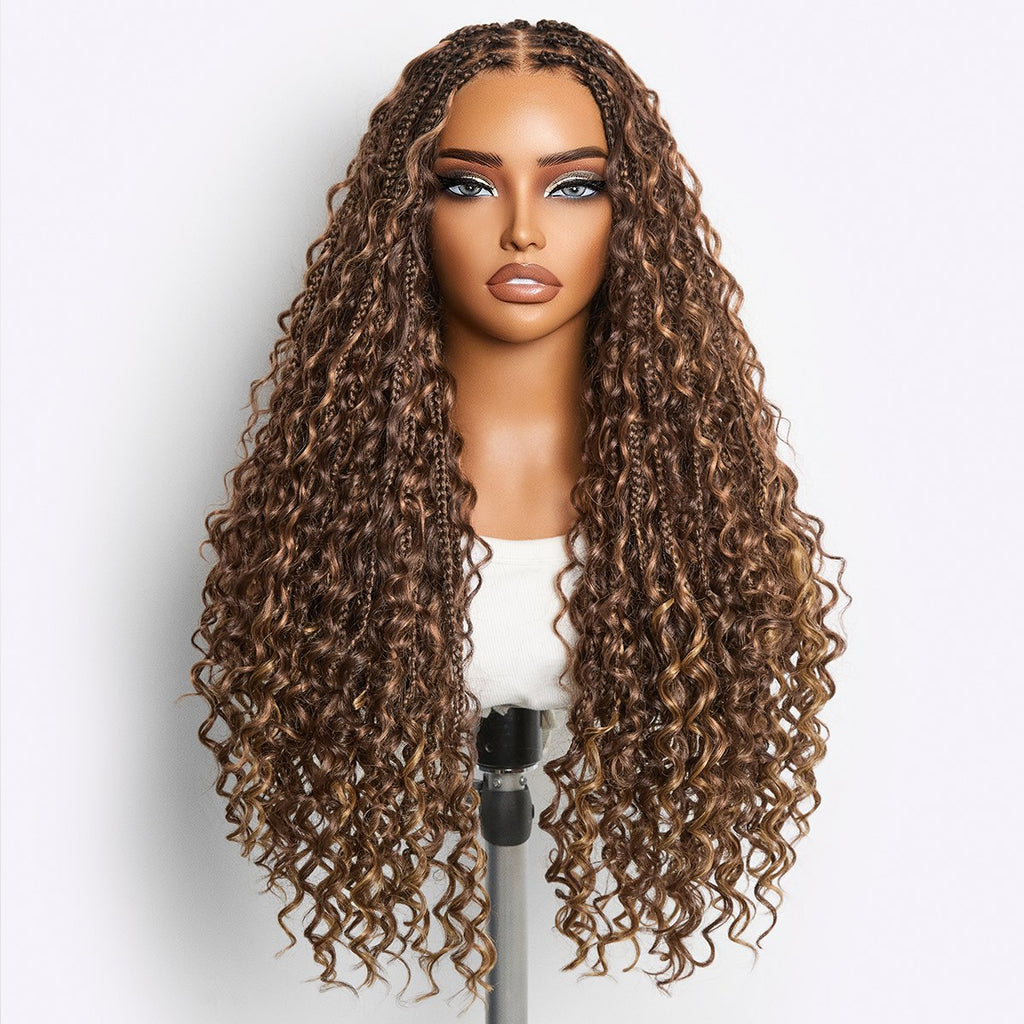 OwnScalp Mix Blonde / Natural Black Light Weight Flexi-Fit Invisi Drawstring Cap HD Full Lace Knotless Boho Curls Braided Long Wig Super Natural Scalp - US Only