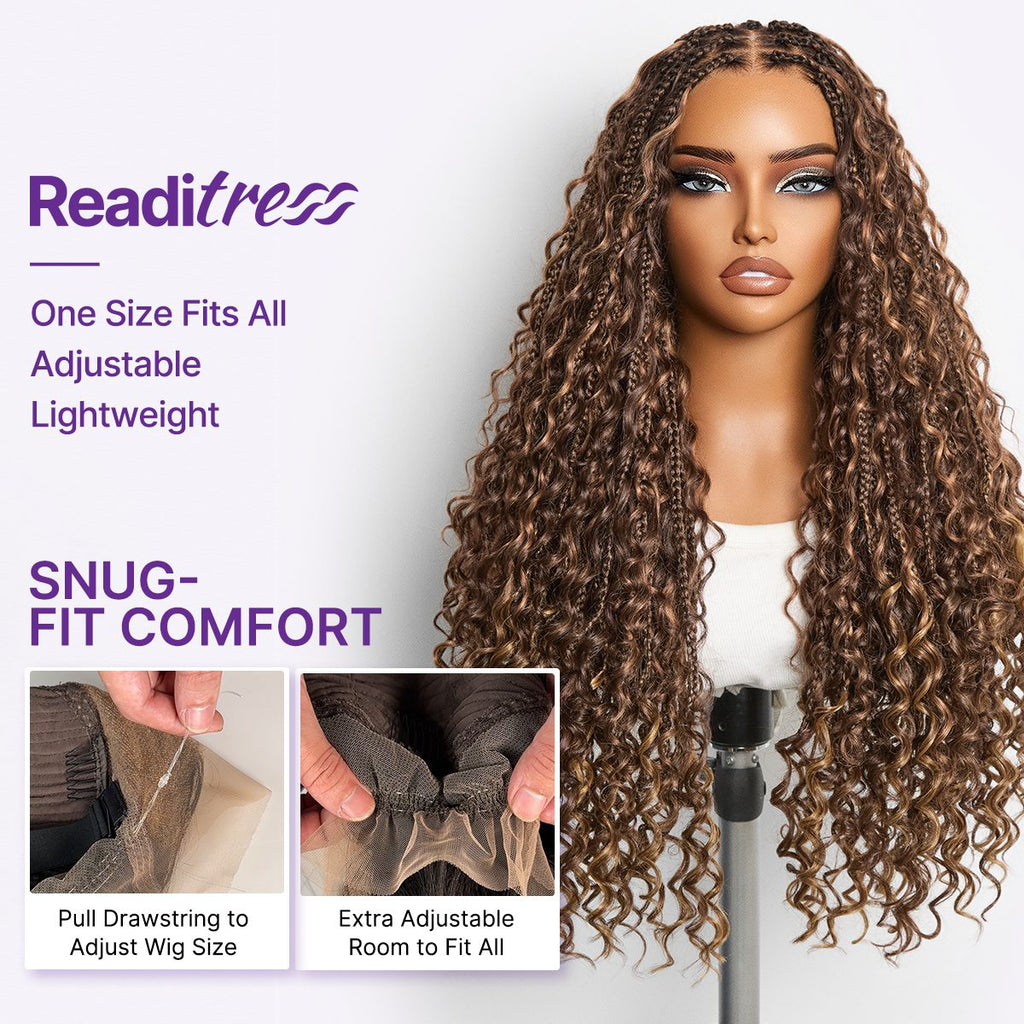 OwnScalp Mix Blonde / Natural Black Light Weight Flexi-Fit Invisi Drawstring Cap HD Full Lace Knotless Boho Curls Braided Long Wig Super Natural Scalp - US Only