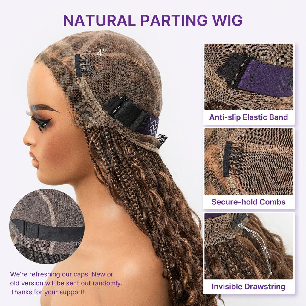 OwnScalp Mix Blonde / Natural Black Light Weight Flexi-Fit Invisi Drawstring Cap HD Full Lace Knotless Boho Curls Braided Long Wig Super Natural Scalp - US Only