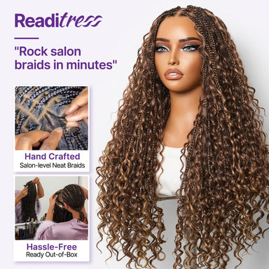 OwnScalp Mix Blonde / Natural Black Light Weight Flexi-Fit Invisi Drawstring Cap HD Full Lace Knotless Boho Curls Braided Long Wig Super Natural Scalp - US Only