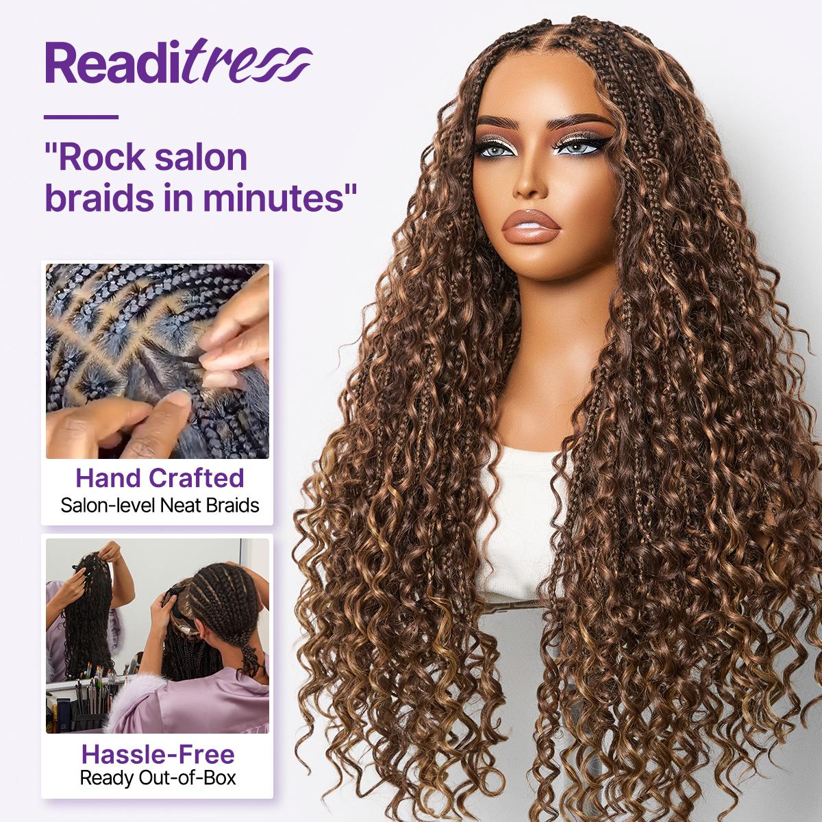 OwnScalp Mix Blonde / Natural Black Light Weight Flexi-Fit Invisi Drawstring Cap HD Full Lace Knotless Boho Curls Braided Long Wig Super Natural Scalp - US Only