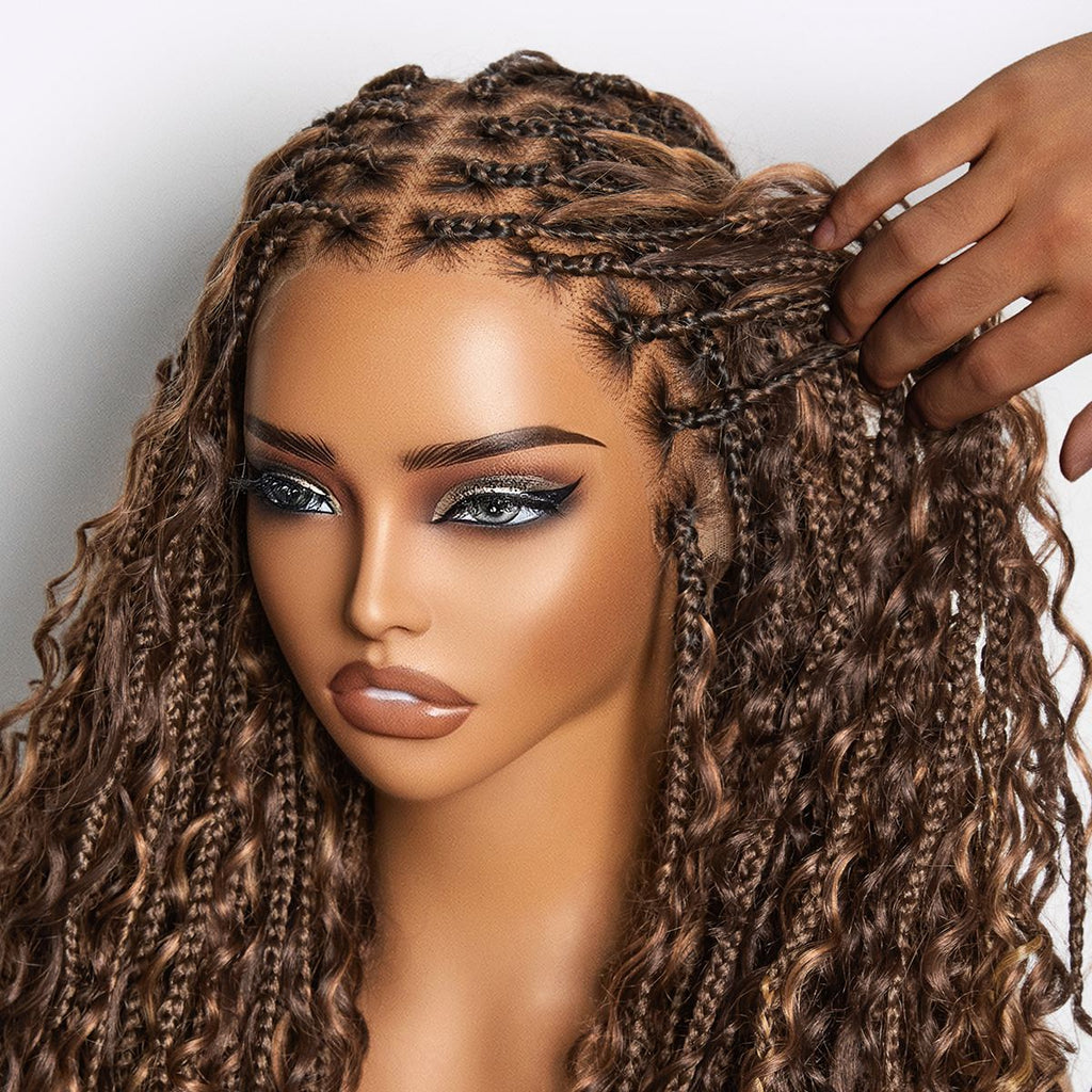 OwnScalp Mix Blonde / Natural Black Light Weight Flexi-Fit Invisi Drawstring Cap HD Full Lace Knotless Boho Curls Braided Long Wig Super Natural Scalp - US Only