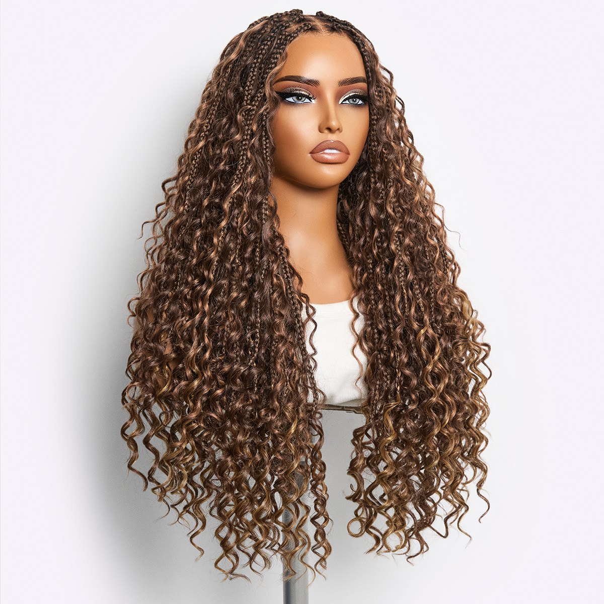 OwnScalp Mix Blonde / Natural Black Light Weight Flexi-Fit Invisi Drawstring Cap HD Full Lace Knotless Boho Curls Braided Long Wig Super Natural Scalp - US Only