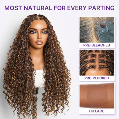 OwnScalp Mix Blonde / Natural Black Light Weight Flexi-Fit Invisi Drawstring Cap HD Full Lace Knotless Boho Curls Braided Long Wig Super Natural Scalp - US Only