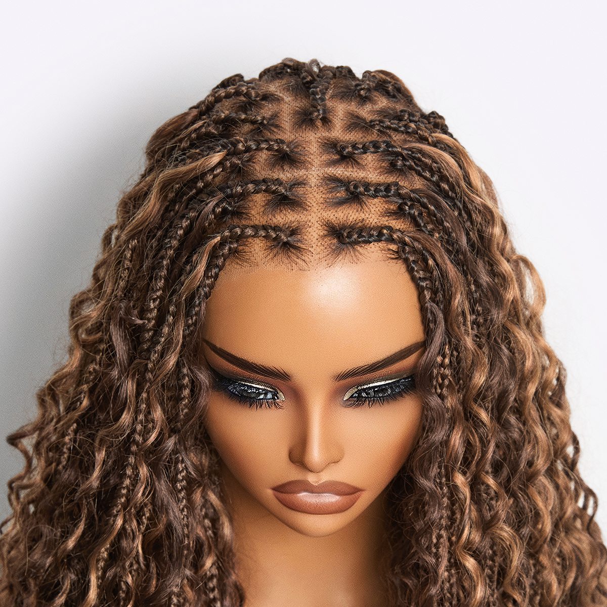 OwnScalp Mix Blonde / Natural Black Light Weight Flexi-Fit Invisi Drawstring Cap HD Full Lace Knotless Boho Curls Braided Long Wig Super Natural Scalp - US Only