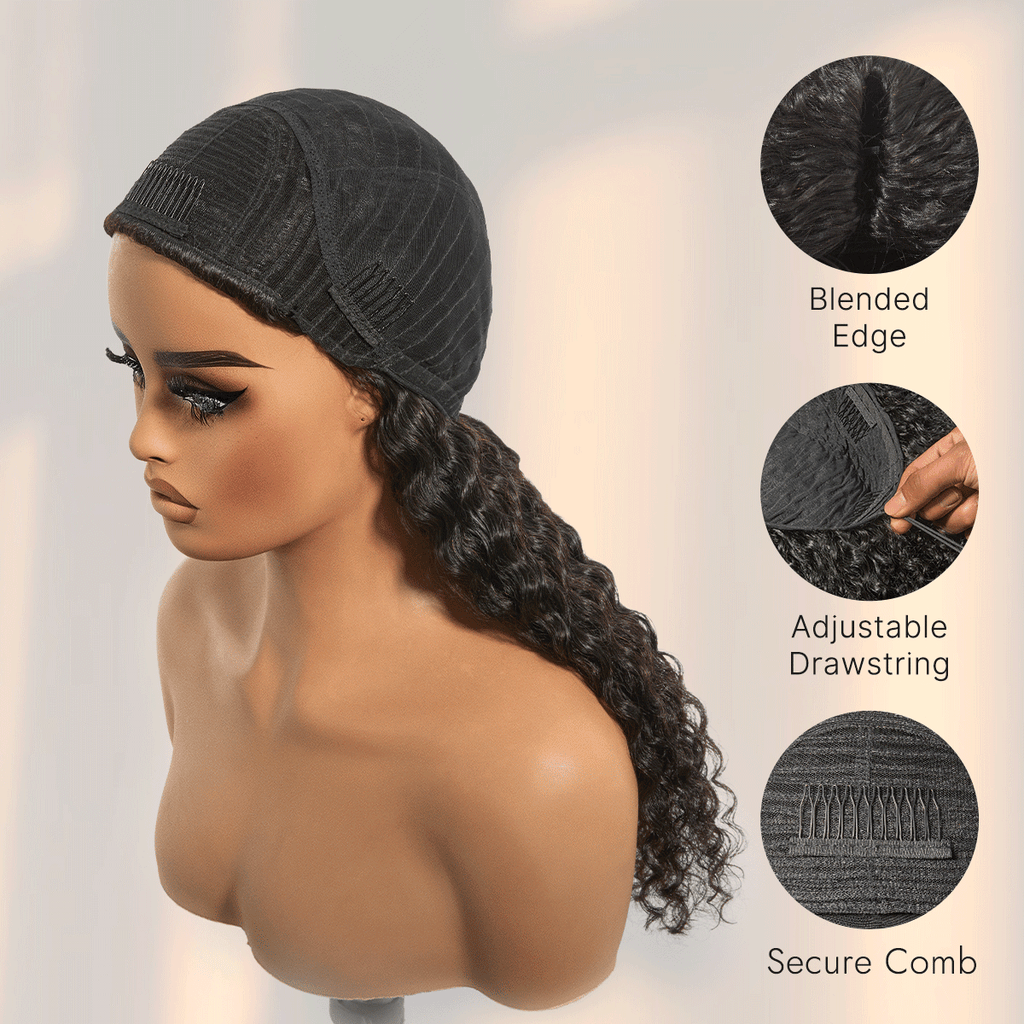 Halo Hair Style Too Easy Texture Half Wig 180% Density Fluffy Curly Glueless Flexi-Fit Drawstring Water Wave Wig