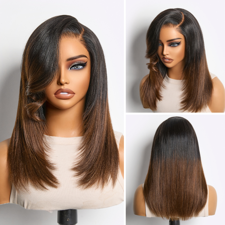 Halo Hair Style All-Day Comfort Wig 180% Density Ombre Brown Butterfly Cut Layered Light Yaki Straight Glueless 7x6 Closure HD Lace Short Wig Pre-Cut Lace