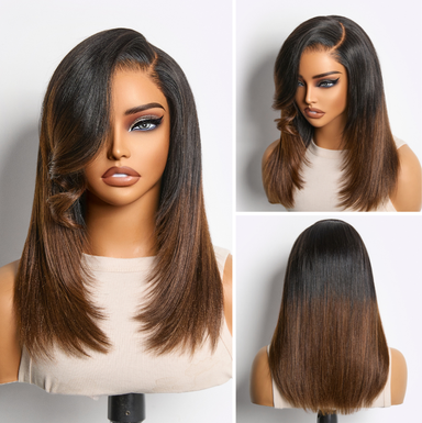 Halo Hair Style All-Day Comfort Wig 180% Density Ombre Brown Butterfly Cut Layered Light Yaki Straight Glueless 7x6 Closure HD Lace Short Wig Pre-Cut Lace
