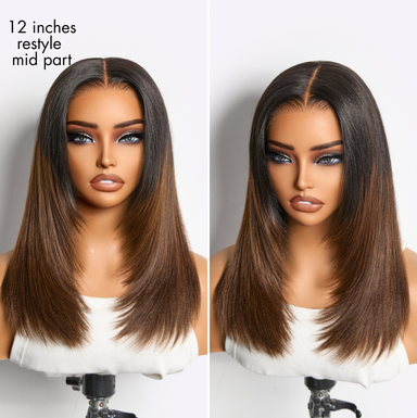 Halo Hair Style All-Day Comfort Wig 180% Density Ombre Brown Butterfly Cut Layered Light Yaki Straight Glueless 7x6 Closure HD Lace Short Wig Pre-Cut Lace