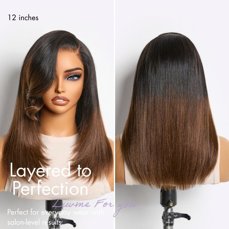 Halo Hair Style All-Day Comfort Wig 180% Density Ombre Brown Butterfly Cut Layered Light Yaki Straight Glueless 7x6 Closure HD Lace Short Wig Pre-Cut Lace