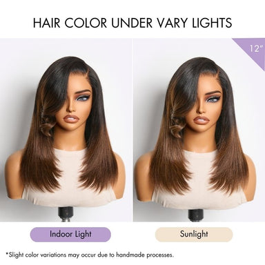 Halo Hair Style All-Day Comfort Wig 180% Density Ombre Brown Butterfly Cut Layered Light Yaki Straight Glueless 7x6 Closure HD Lace Short Wig Pre-Cut Lace
