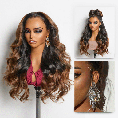 NatureMAX 200% Density Glueless 13x4 HD Lace Front Wig Ombre Brown Loose Wave Human Hair Wig Pre-Cut Lace Flexi-Fit Drawstring Cap