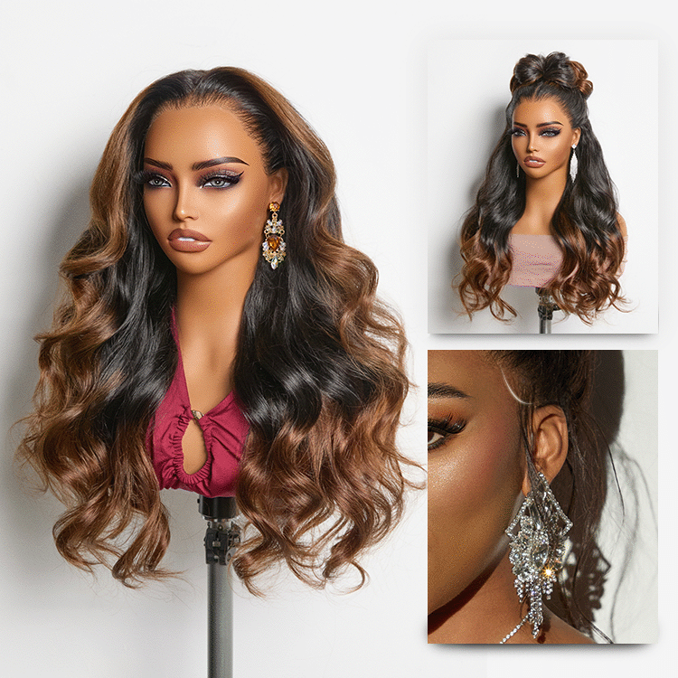 NatureMAX 200% Density Glueless 13x4 HD Lace Front Wig Ombre Brown Loose Wave Human Hair Wig Pre-Cut Lace Flexi-Fit Drawstring Cap