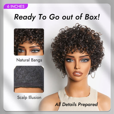 Beginner Friendly Throw On & Go Short Bouncy Curls with Bangs Glueless Wig 100% Human Hair - US Only