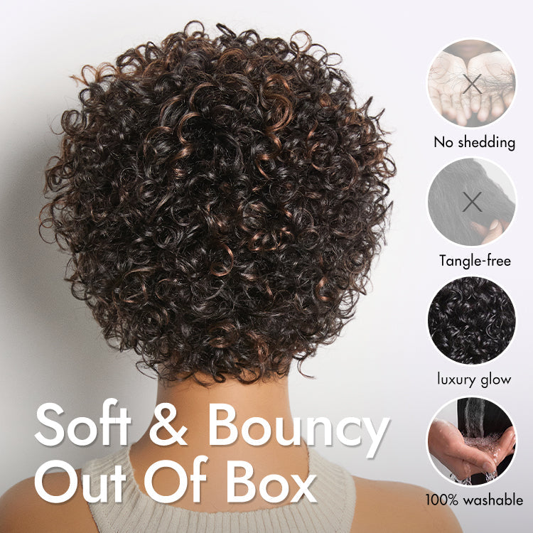 Beginner Friendly Throw On & Go Short Bouncy Curls with Bangs Glueless Wig 100% Human Hair - US Only