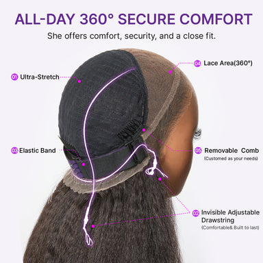 22 Inches | MyOwn-Fit 360 HD Lace Kinky Straight Wig Flexi-Fit Invisi Drawstring Cap & Pre-Cut Lace