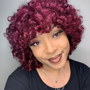 Burgundy Fluffy Rose Curl Short Wig With Bangs 100% Human Hair