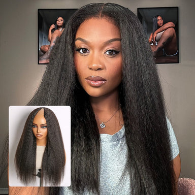 Melted Hair Natural Black Kinky Straight Wig Glueless V Part Wig – Style 5850