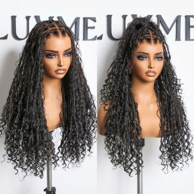 OwnScalp Mix Blonde / Natural Black Light Weight Flexi-Fit Invisi Drawstring Cap HD Full Lace Knotless Boho Curls Braided Long Wig Super Natural Scalp - US Only