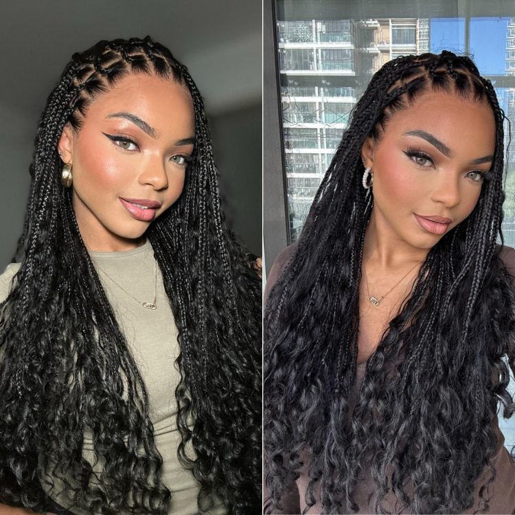OwnScalp Mix Blonde / Natural Black Light Weight Flexi-Fit Invisi Drawstring Cap HD Full Lace Knotless Boho Curls Braided Long Wig Super Natural Scalp - US Only