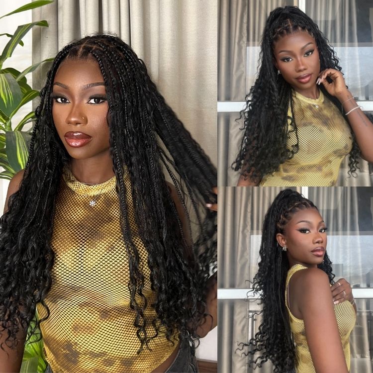 OwnScalp Mix Blonde / Natural Black Light Weight Flexi-Fit Invisi Drawstring Cap HD Full Lace Knotless Boho Curls Braided Long Wig Super Natural Scalp - US Only