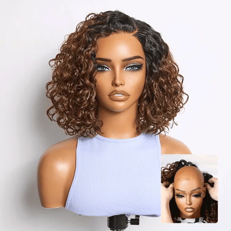 New Customers Only | Ready to Go Blonde Highlight / Natural Black  / Ombre Brown Water Wave Short Curly Bob Wig Glueless Minimalist HD Lace Wig Pre-Cut Lace