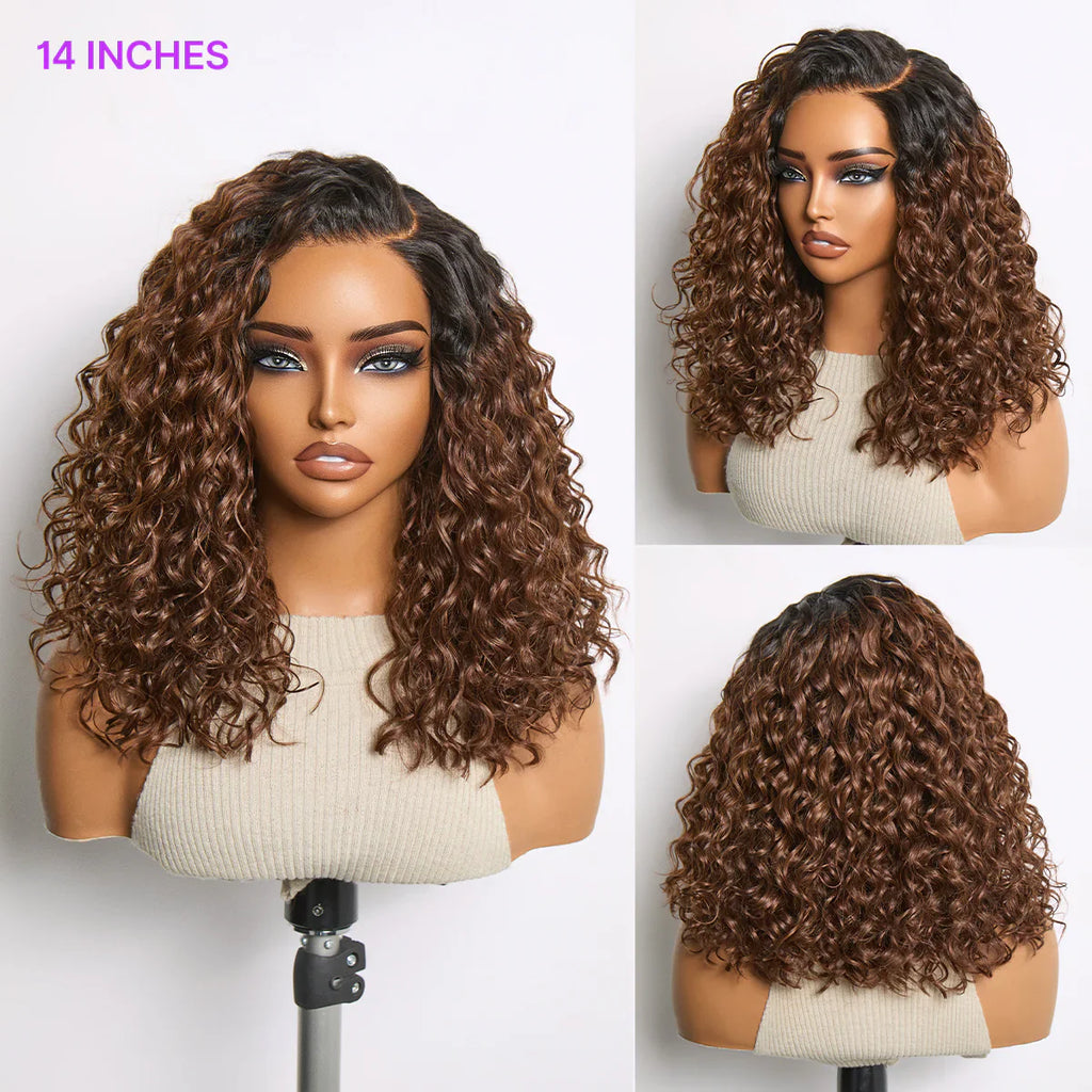 Tiktok Exclusive Deal | Ready to Go Blonde Highlight / Natural Black / Ombre Brown Water Wave Short Curly Bob Wig Glueless Minimalist HD Lace Wig Pre-Cut Lace
