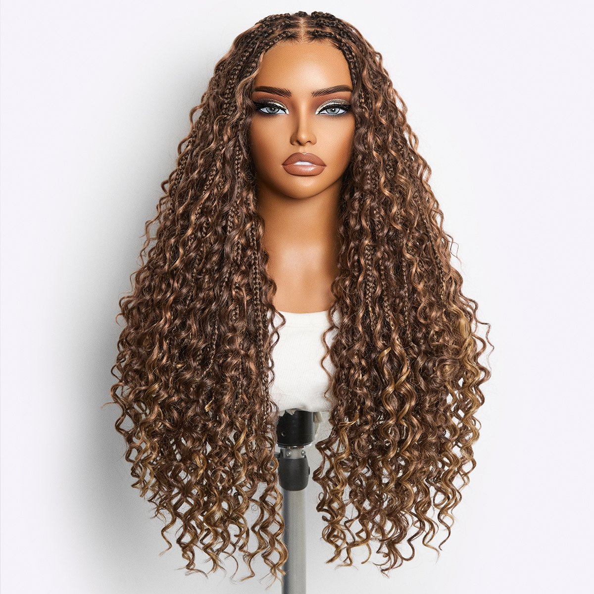 New Customers Only | Light Weight Flexi-Fit Invisi Drawstring Cap Full Lace Knotless Boho Curls Braided Long Wig Super Natural Scalp
