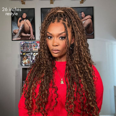 OwnScalp Mix Blonde / Natural Black Light Weight Flexi-Fit Invisi Drawstring Cap HD Full Lace Knotless Boho Curls Braided Long Wig Super Natural Scalp - US Only