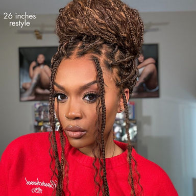 OwnScalp Mix Blonde / Natural Black Light Weight Flexi-Fit Invisi Drawstring Cap HD Full Lace Knotless Boho Curls Braided Long Wig Super Natural Scalp - US Only