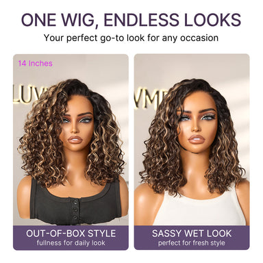 Ready to Go Blonde Highlight / Natural Black / Ombre Brown Water Wave Short Curly Bob Wig Glueless Minimalist HD Lace Wig Pre-Cut Lace