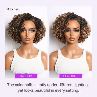 Blonde Highlight Short Cut Kinky Curly Minimalist HD Lace Glueless Wig Pre-Cut Lace