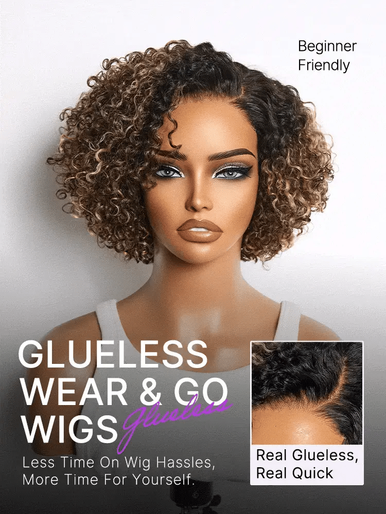 Blonde Highlight Short Cut Kinky Curly Minimalist HD Lace Glueless Wig Pre-Cut Lace-12