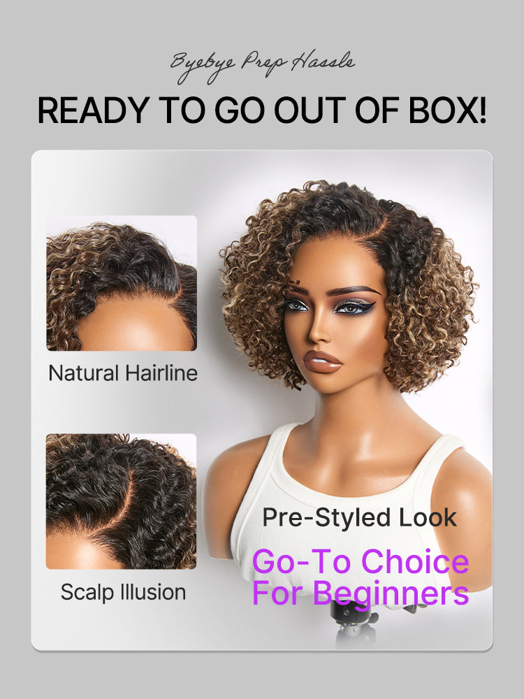 Blonde Highlight Short Cut Kinky Curly Minimalist HD Lace Glueless Wig Pre-Cut Lace-13