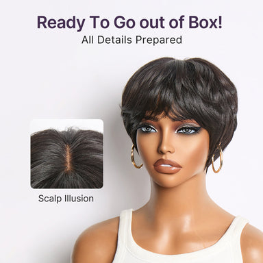 Throw On & Go Natural Black Pixie Cut with Bangs Glueless Minimalist Lace Wig