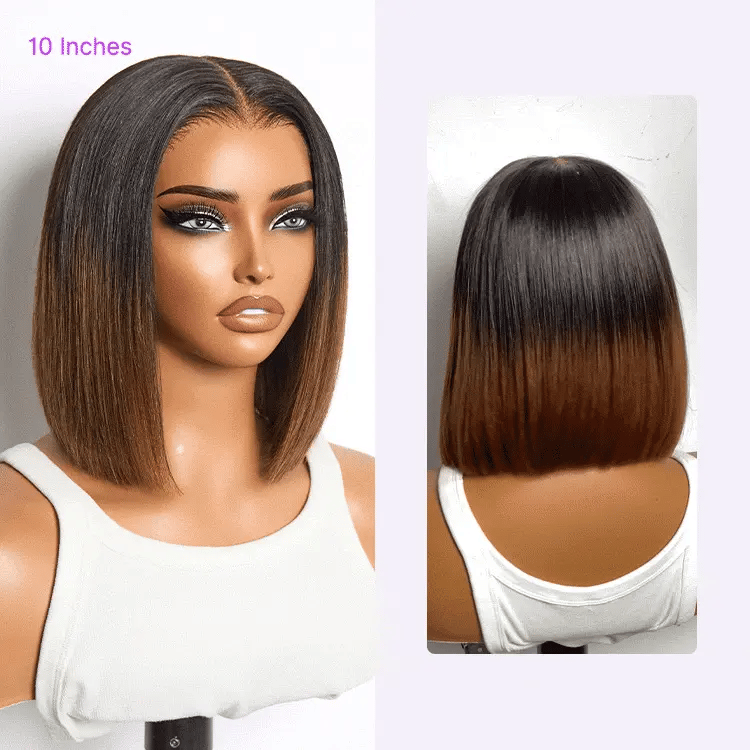 Halo Hair Style All-Day Comfort Wig Ombre Brown Silky Blunt Cut Bob Glueless 7x6 Closure HD Lace Wig Pre-Cut Lace