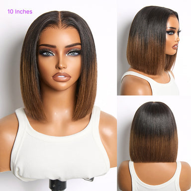 Halo Hair Style All-Day Comfort Wig Ombre Brown Silky Blunt Cut Bob Glueless 7x6 Closure HD Lace Wig Pre-Cut Lace